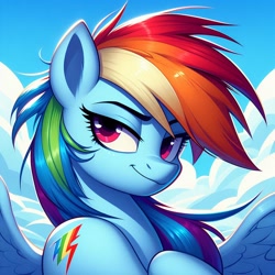 Size: 1024x1024 | Tagged: safe, ai content, derpibooru import, machine learning generated, rainbow dash, pegasus, pony, alternate cutie mark, alternative cutie mark placement, cloud, female, human shoulders, mare, prompter:meshari7, sky, smiling, smirk, solo
