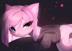 Size: 4093x2894 | Tagged: safe, artist:magnaluna, derpibooru import, pinkie pie, earth pony, pony, black background, blushing, cheek fluff, chest fluff, clothes, cute, cuteamena, ear fluff, ears, female, frown, head turn, hoodie, looking at you, mare, pink pony, pinkamena diane pie, side view, simple background, solo, squint