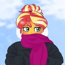 Size: 2000x2000 | Tagged: safe, artist:artevi, derpibooru import, sunset shimmer, human, equestria girls, alternate hairstyle, blushing, bun hairstyle, clothes, cloud, cute, earmuffs, female, jacket, scarf, solo, winter