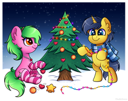 Size: 3234x2548 | Tagged: safe, artist:madelinne, derpibooru import, oc, oc only, earth pony, unicorn, bipedal, christmas, christmas lights, christmas tree, clothes, duo, earth pony oc, holiday, horn, scarf, snow, socks, striped scarf, striped socks, tree, unicorn oc