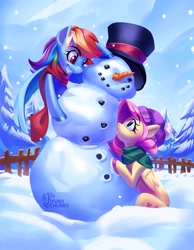Size: 2975x3825 | Tagged: safe, artist:kyurochurro, derpibooru import, fluttershy, rainbow dash, pegasus, pony, cap, clothes, duo, female, grin, hat, high res, looking at each other, looking at someone, mare, scarf, signature, smiling, snow, snowfall, snowman, top hat