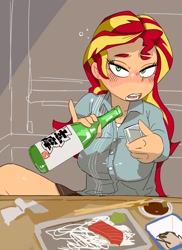 Size: 2000x2750 | Tagged: safe, artist:baigak, derpibooru import, sunset shimmer, human, equestria girls, alcohol, big breasts, blushing, breasts, chopsticks, drink, drunk, drunk bubbles, food, looking at you, sake, solo, sunset jiggler