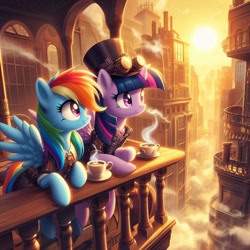 Size: 1024x1024 | Tagged: safe, ai content, derpibooru import, generator:dall-e 3, machine learning generated, rainbow dash, twilight sparkle, twilight sparkle (alicorn), alicorn, pegasus, pony, g4, city, cityscape, clothes, column, cup, drink, duo, duo female, female, fog, goggles, hat, leaning, looking sideways, mare, prompter needed, railing, spread wings, steam, steampunk, sun, teacup, window, wings, wood