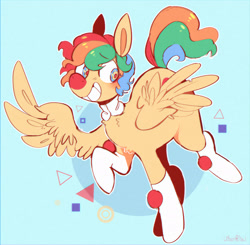 Size: 2467x2416 | Tagged: safe, artist:urbanqhoul, derpibooru import, oc, oc only, oc:whimsy, pegasus, pony, blue background, clown, eyebrows, eyebrows visible through hair, grin, high res, light blue background, red nose, simple background, smiling, solo