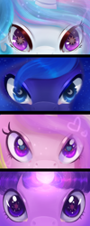 Size: 720x1800 | Tagged: safe, artist:neko-luvz, derpibooru import, princess cadance, princess celestia, princess luna, twilight sparkle, twilight sparkle (alicorn), alicorn, pony, alicorn tetrarchy, close-up, cutie mark eyes, female, glowing, glowing horn, horn, looking at you, mare, remake, wingding eyes