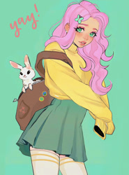 Size: 1170x1584 | Tagged: safe, artist:chloe dawn, derpibooru import, angel bunny, fluttershy, human, rabbit, animal, backpack, duo, female, green background, male, simple background