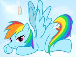 Size: 2048x1536 | Tagged: safe, artist:tstone, derpibooru import, rainbow dash, pegasus, pony, cloud, female, mare, on a cloud, solo