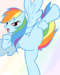 Size: 1536x1918 | Tagged: safe, artist:tstone, derpibooru import, rainbow dash, gradient background, rainbow background, solo, standing, standing on one leg