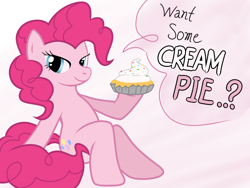 Size: 2048x1536 | Tagged: safe, artist:tstone, derpibooru import, pinkie pie, earth pony, pony, dialogue, food, incoming prank, pie, solo