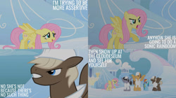 Size: 2000x1123 | Tagged: safe, derpibooru import, edit, edited screencap, editor:quoterific, screencap, dumbbell, fluttershy, hoops, quarterback, rainbow dash, pegasus, pony, sonic rainboom (episode), cloudsdale, female, male, mare, stallion