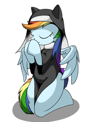 Size: 1536x2048 | Tagged: safe, artist:tstone, derpibooru import, rainbow dash, pegasus, pony, eyes closed, kneeling, nun, praying, simple background, solo, white background