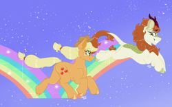 Size: 2662x1664 | Tagged: safe, artist:honeyofpeaches, derpibooru import, applejack, autumn blaze, earth pony, kirin, pony, sounds of silence, a kirin tale, duo, duo female, female, mare, rainbow, scene interpretation