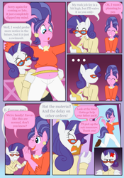 Size: 875x1250 | Tagged: safe, artist:himitsu, derpibooru import, cookie crumbles, rarity, anthro, unicorn, g4, annoyed, belly button, clothes, comic, cross-popping veins, dialogue, ear piercing, earring, emanata, eyes closed, frustrated, glasses, horn, indoors, jewelry, measuring tape, midriff, one eye closed, open mouth, open smile, pants, paper, pencil, piercing, rarity is not amused, rarity's glasses, senftember, shirt, smiling, speech bubble, unamused, wink