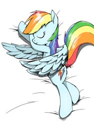 Size: 1536x2048 | Tagged: safe, artist:tstone, derpibooru import, rainbow dash, pegasus, pony, cute, dashabetes, eyes closed, lying down, simple background, sleeping, sleepydash, solo, white background, wing blanket, winghug, wings