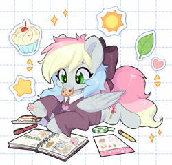 Size: 2968x2833 | Tagged: safe, artist:colorfulcolor233, derpibooru import, oc, oc only, oc:blazey sketch, pegasus, bow, clothes, cookie, female, food, grey fur, hair bow, journal, long hair, long tail, multicolored hair, pegasus oc, scrapbook, smiling, solo, sparkles, sticker, sweater, tail