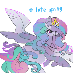 Size: 850x850 | Tagged: safe, artist:cutesykill, derpibooru import, princess celestia, alicorn, pony, crown, eyes closed, female, flower, frown, jewelry, looking at you, looking back, looking back at you, lying down, mare, multiple wings, prone, regalia, simple background, solo, spread wings, text, tiara, white background, wings