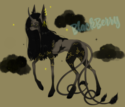 Size: 1400x1200 | Tagged: safe, artist:blackberry907, derpibooru import, oc, oc only, pony, unicorn, adoptable, coat markings, concave belly, constellation, constellation freckles, curved horn, ear fluff, ears, female, freckles, gradient legs, horn, leonine tail, mare, multiple tails, raised hoof, raised leg, skinny, solo, starry eyes, tail, thin, wingding eyes