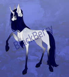 Size: 900x1000 | Tagged: safe, artist:blackberry907, derpibooru import, oc, oc only, pony, unicorn, abstract background, adoptable, concave belly, cracked horn, curved horn, female, flower, flower in hair, freckles, horn, mare, raised hoof, raised leg, solo, thin, thin legs, watermark
