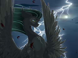 Size: 6667x5000 | Tagged: safe, artist:blackberry907, derpibooru import, oc, oc only, pegasus, pony, chest fluff, lightning, solo, spread wings, windswept mane, wings