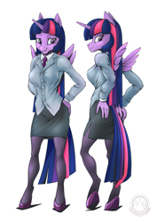 Size: 2171x3070 | Tagged: safe, artist:mysticalpha, derpibooru import, twilight sparkle, twilight sparkle (alicorn), alicorn, anthro, unguligrade anthro, clothes, pantyhose, simple background, skirt, solo, suit, white background