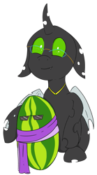 Size: 599x1080 | Tagged: safe, artist:soccy, derpibooru import, oc, oc only, oc:éling chang, changeling, 2024 community collab, changeling loves watermelon, clothes, cute, cute little fangs, derpibooru community collaboration, fangs, food, glasses, green changeling, holding, scarf, simple background, sitting, solo, transparent background, watermelon