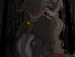 Size: 4000x3000 | Tagged: safe, artist:blackberry907, derpibooru import, oc, oc only, original species, pony, blood, coat markings, commission, curved horn, fangs, female, flower, flower in hair, forest, horn, mare, nature, solo, tree, ych result