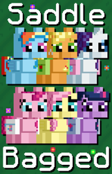 Size: 1036x1596 | Tagged: safe, artist:silk-rose, derpibooru import, applejack, fluttershy, pinkie pie, rainbow dash, rarity, twilight sparkle, bag, cover art, drop shadow, flower, mane six, minecraft, minecraft pixel art, pixel art, saddle bag, text, tiled background, upscaled