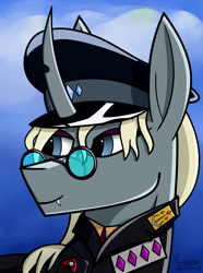 Size: 1248x1680 | Tagged: safe, artist:carolus rex, derpibooru import, oc, oc only, oc:queen yaria, changeling, changeling queen, equestria at war mod, blue eyes, bust, changeling queen oc, clothes, crystal, equestria rises still (equestria at war submod), female, glasses, hat, military uniform, portrait, solo, uniform, uniform hat, yellow mane