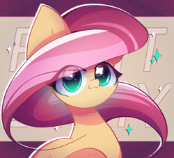 Size: 2534x2300 | Tagged: safe, artist:miryelis, derpibooru import, fluttershy, pegasus, pony, :3, big ears, big eyes, cute, ears, eye clipping through hair, female, long hair, looking at you, mare, shyabetes, simple background, smiling, smiling at you, solo, sparkles, text