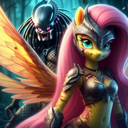 Size: 1024x1024 | Tagged: safe, ai content, derpibooru import, generator:bing image creator, generator:dall-e 3, machine learning generated, fluttershy, anthro, pegasus, g4, armor, duo, midriff, predator (franchise), spread wings, wings, yautja