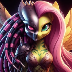 Size: 1024x1024 | Tagged: safe, ai content, derpibooru import, generator:bing image creator, generator:dall-e 3, machine learning generated, fluttershy, anthro, pegasus, g4, armor, breasts, cleavage, clothes, dreadlocks, female, looking at you, mask, predator (franchise), solo, species swap, spread wings, wings, yautja