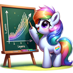 Size: 1024x1024 | Tagged: safe, ai content, derpibooru import, generator:dall-e 3, machine learning generated, oc, pony, chalkboard, cute, how to, layers, lecture, ponified, rainbow, species swap, teacher, teaching, tutorial