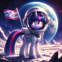 Size: 1024x1024 | Tagged: safe, ai content, derpibooru import, generator:bing image creator, generator:dall-e 3, machine learning generated, twilight sparkle, unicorn twilight, pony, unicorn, g4, astronaut, earth, female, flag, mare, moon, rock, scenery, solo, space, space helmet, spacesuit, tail