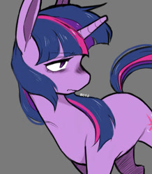 Size: 600x688 | Tagged: safe, artist:pyukumeru, derpibooru import, twilight sparkle, unicorn twilight, pony, unicorn, female, gray background, mare, simple background, solo, twilight sparkle is not amused, unamused