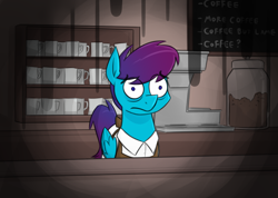 Size: 1640x1168 | Tagged: safe, artist:moonatik, derpibooru import, oc, oc only, oc:open air, pegasus, pony, apron, bags under eyes, chalkboard, clothes, coffee machine, coffee shop, colored sketch, depressed, jar, male, mug, pegasus oc, shirt, sketch, solo, stallion, thousand yard stare, tired