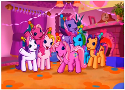 Size: 723x523 | Tagged: safe, derpibooru import, screencap, cheerilee (g3), pinkie pie (g3), rainbow dash (g3), scootaloo (g3), starsong, sweetie belle (g3), toola roola, earth pony, pegasus, pony, unicorn, g3, core seven, fireplace, hat, meet the ponies, party, party hat, photo, pinkie pie's party party, streamers