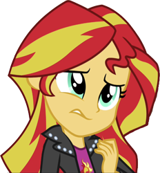 Size: 2337x2520 | Tagged: safe, derpibooru import, edit, edited screencap, editor:homersimpson1983, screencap, sunset shimmer, human, equestria girls, g4, background removed, clothes, female, fingers, hair, head tilt, jacket, leather, leather jacket, not a vector, simple background, solo, teenager, teeth, top, transparent background, wince