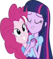 Size: 2292x2520 | Tagged: safe, derpibooru import, edit, edited screencap, editor:homersimpson1983, screencap, pinkie pie, twilight sparkle, human, equestria girls, g4, background removed, blouse, bowtie, clothes, eyes closed, female, hair, hand on chest, happy, not a vector, puffy sleeves, shirt, simple background, smiling, teenager, teeth, transparent background, vest