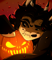 Size: 3000x3500 | Tagged: safe, artist:blackberry907, derpibooru import, oc, oc only, original species, pony, black sclera, fangs, halloween, holiday, horns, jack-o-lantern, looking at you, pumpkin, slit eyes, solo, tongue, tongue out