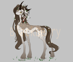 Size: 3500x3000 | Tagged: safe, artist:blackberry907, derpibooru import, oc, oc only, original species, pony, adoptable, anatomically incorrect, butt, chest fluff, coat markings, colored horn, concave belly, curved horn, ear piercing, extra leg joint, facial markings, feather, female, flower, flower in hair, freckles, golden eyes, gradient legs, grass, gray background, head turn, headdress, horn, horn jewelry, horn ring, horns, incorrect leg anatomy, jewelry, leaves, leaves in hair, looking at you, mare, multiple horns, obtrusive watermark, piercing, plot, ring, simple background, skinny, solo, standing, star (coat marking), tall, thin, unnamed oc, unshorn fetlocks, watermark