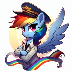 Size: 1024x1024 | Tagged: safe, ai content, derpibooru import, generator:bing image creator, machine learning generated, rainbow dash, g4, clothes, crossed legs, dress uniform, hat, military uniform, prompter:*rainbow dash*, simple background, solo, uniform, white background