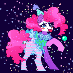 Size: 1021x1021 | Tagged: safe, artist:cutesykill, derpibooru import, pinkie pie, earth pony, pony, g4, :p, balloonbutt, beanbrows, black background, blush sticker, blushing, butt, closed mouth, clown, clown makeup, confetti, ear piercing, earring, eyebrows, female, hat, jewelry, looking at you, looking back, looking back at you, mare, party hat, piercing, plot, raised hoof, raised leg, ruff (clothing), simple background, smiling, solo, standing, tights, tongue, tongue out