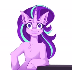 Size: 3000x2912 | Tagged: safe, artist:buvanybu, derpibooru import, starlight glimmer, semi-anthro, unicorn, g4, :3, arm hooves, bipedal, blank stare, chest fluff, ear fluff, ears, female, human shoulders, looking at you, mare, shoulder fluff, simple background, smiling, solo, staring into your soul, white background