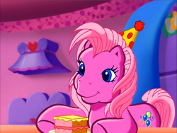 Size: 900x675 | Tagged: safe, derpibooru import, screencap, pinkie pie (g3), earth pony, pony, g3, cake, food, hat, meet the ponies, party hat, pinkie pie's party party, solo