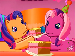 Size: 900x675 | Tagged: safe, derpibooru import, screencap, cheerilee (g3), scootaloo (g3), earth pony, pony, g3, cake, cute, duo, female, food, g3 cheeribetes, g3 cutealoo, hat, looking at each other, looking at someone, meet the ponies, party hat, pinkie pie's party party, siblings, sisters