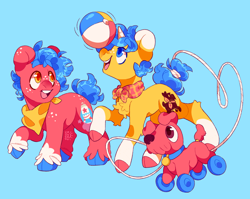 Size: 2048x1631 | Tagged: safe, artist:cocopudu, derpibooru import, oc, oc:rocket puff, oc:tippy paws, earth pony, pony, unicorn, ascot, balancing, bandana, beach ball, blue background, brothers, female, freckles, male, mare, ponies balancing stuff on their nose, siblings, simple background, unshorn fetlocks