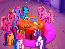 Size: 900x675 | Tagged: safe, derpibooru import, screencap, cheerilee (g3), pinkie pie (g3), rainbow dash (g3), scootaloo (g3), starsong, sweetie belle (g3), earth pony, pegasus, pony, unicorn, g3, cake, carpet, cookie, core seven, food, hat, meet the ponies, party hat, pinkie pie's party party, punch (drink), punch bowl, table, toola-roola