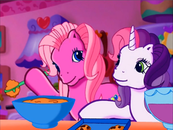 Size: 900x675 | Tagged: safe, derpibooru import, screencap, pinkie pie (g3), sweetie belle (g3), earth pony, pony, unicorn, g3, baking, bowl, cookie, duo, food, hat, looking at each other, looking at someone, meet the ponies, party hat, pinkie pie's party party, spoon