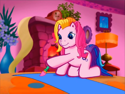 Size: 900x675 | Tagged: safe, derpibooru import, screencap, toola roola, earth pony, pony, g3, anatomically incorrect, crouching, fireplace, flower, hat, incorrect leg anatomy, interior, lamp, meet the ponies, paintbrush, painting, party hat, pinkie pie's party party, solo
