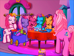 Size: 900x675 | Tagged: safe, derpibooru import, screencap, cheerilee (g3), pinkie pie (g3), rainbow dash (g3), scootaloo (g3), starsong, sweetie belle (g3), toola roola, earth pony, pony, g3, core seven, eyes closed, laughing, meet the ponies, pinkie pie's party party